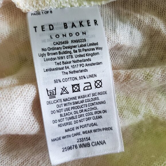 Ted Baker White/Yellow/Pink Watercolor Floral Ciana V-Neck Linen Top 2 - Picture 10 of 15